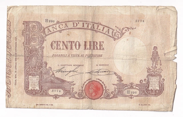 REGNO D’ITALIA 100 lire Matrice Decreto RARA 18-04-1918 Banconota REGNO D’ITALIA 100 lire Matrice Decreto RARA 18-04-1918 Banconota