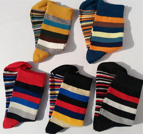 5 Pairs Mens Cotton Socks Lot Colorful Stripe Fashion Dress Sox For Wedding Gift 2