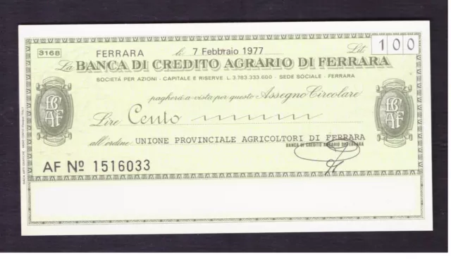 Miniassegno Banca Credito Agrario di Ferrara Unione Agricoltori 100 L 7-2-1977