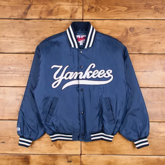 Giacca Vintage Majestic Varsity L 90 Bomber MLB New York Yankees Blu a scatto