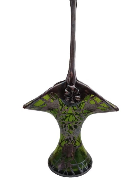 Pretty American Art Nouveau Green Glass Silver Overlay Basket