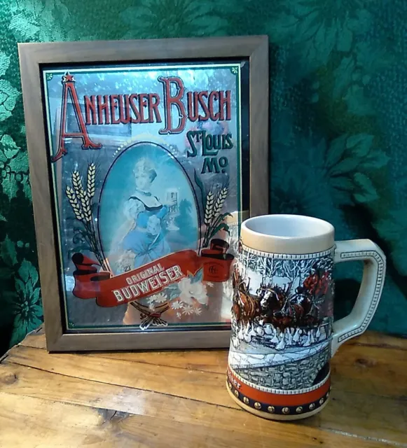 VTG Anheuser Busch Original Budweiser 1974 Framed Beer Sign Mirror & 1988 Mug