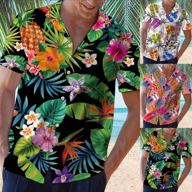 Men's Spring Summer Hawaii Printed Turndown Collar Casual Loose Short-Sleeved