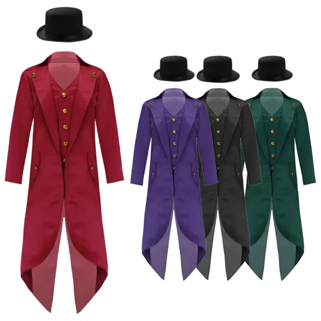 Girls Boys Tailcoat Jacket with Hat Magic Show Circus Ringmaster Fancy Dress Up