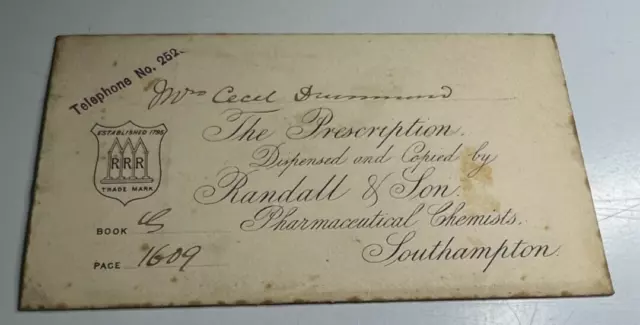 Antique Prescription Envelope  Randall & Son Chemists Southampton mr Drummond