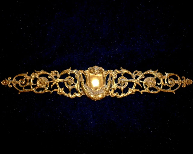 FRENCH ANTIQUE GILDED BRASS/ BRONZE PEDIMENT MOUNT  WITH CENTRAL MEDALLION 46 x9