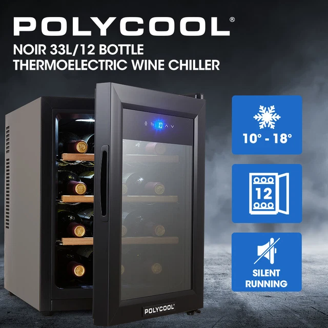 POLYCOOL 12 Bottle Wine Bar Fridge Cooler Countertop Beer Small Glass Door Black