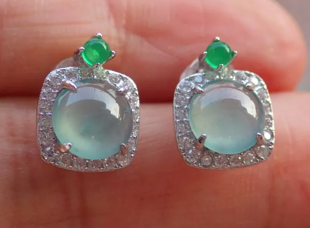 Sterling Silver 925 Icy White A Jade jadeite Cabochon Earrings Dangle 耳环 903726