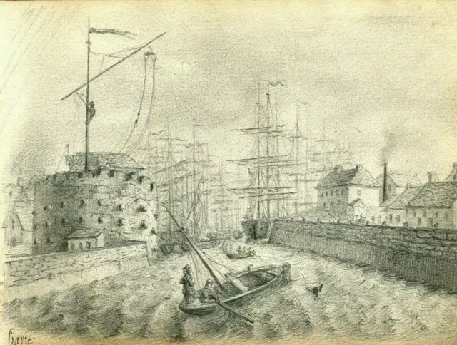 Dessin au Crayon Ancien Paysage Maritime Port du Havre 19ème siècle