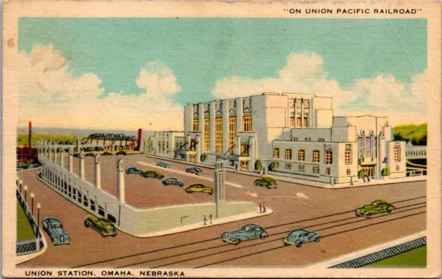 Omaha NE- Nebraska, Omaha Union Station, Aerial View, Vintage Linen Postcard