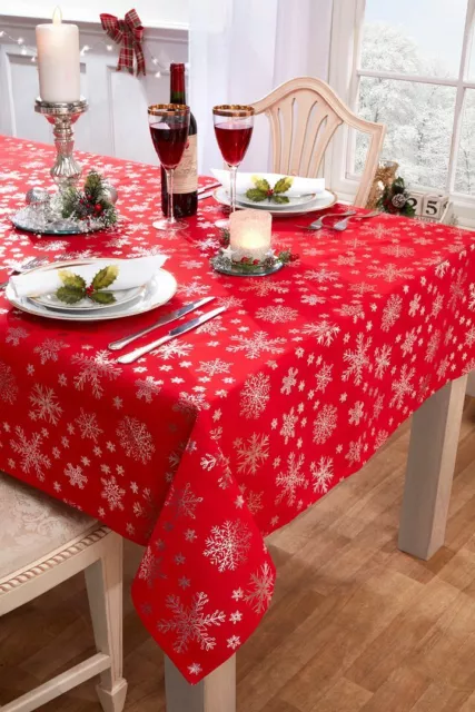 Navidad Rojo Copo de Nieve Tela Mantel Con Metálico Diseño