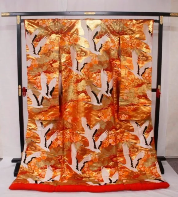 Japanese Kimono Uchikake Luxurious Wedding Pure Silk Orange Cranes japan