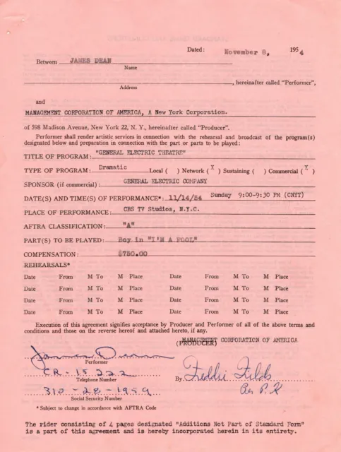 James Dean - RARE Contract Signed - Co-Starred w/ Ronald Reagan & Natalie Wood