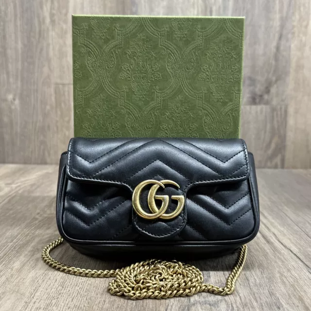 Authentic Gucci GG Marmont Crossbody Super Mini Black Leather