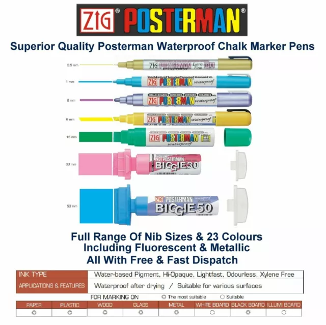 ZIG Posterman Kreide Marker Stifte Wasserdicht Schwarz Whiteboard Glas Metall Kunststoff