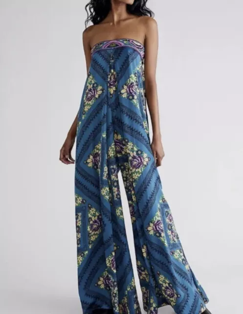 Free People Serendipity Jumpsuit Strapless Wide Leg, Turquoise, XS