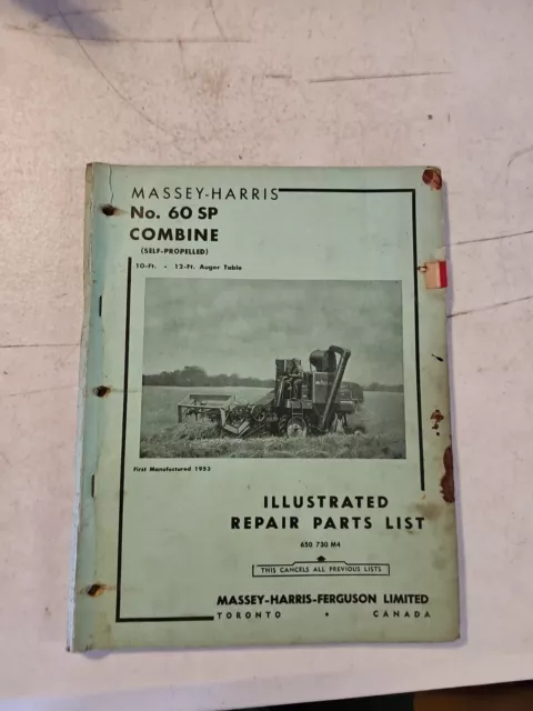 Vintage 1955 Massey Harris 60 SP COMBINE ILLUSTRATED REPAIR PARTS LIST