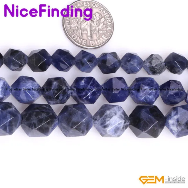 Natural Faceted Round Blue Sodalite Loose Stone Beads For Jewelry Making 15" DIY