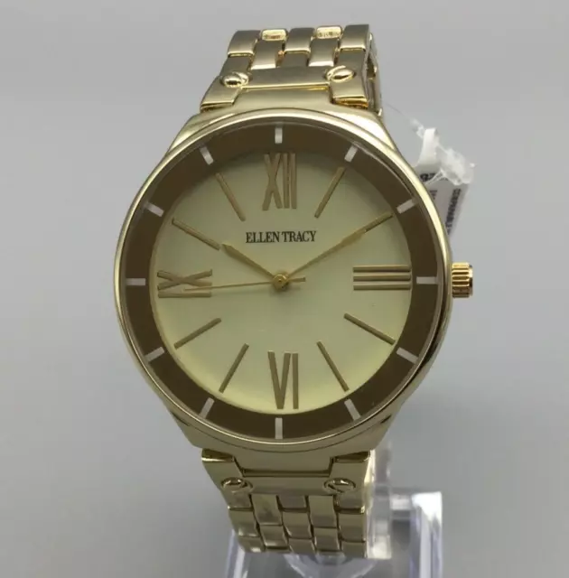 NIB Ellen Tracy Watch Women Gold Tone Round With Box New Battery 7.25"