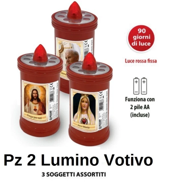 Pz 2 Lumino Elettrico a Led Cimitero Cero Votivo con Batterie Fiamma Rossa 90gg