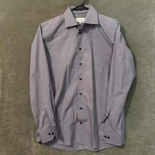 Eton Button Up Shirt Mens Size15.5 39 Gray Black Checker Slim Fit Long Sleeve