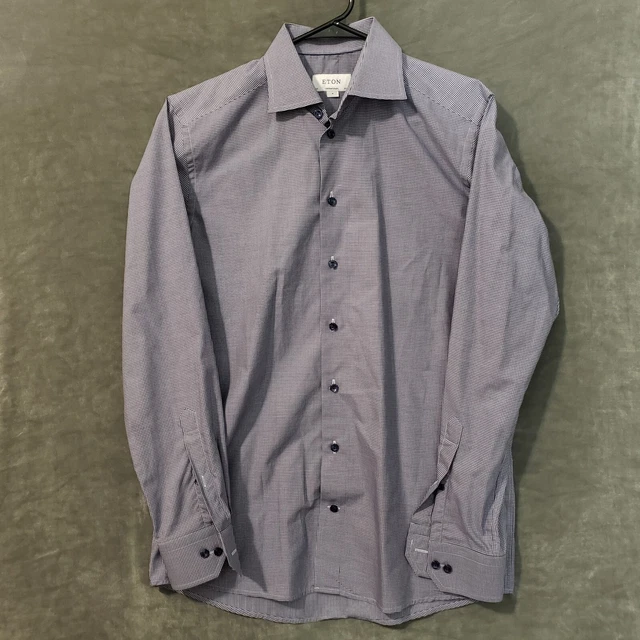 Eton Button Up Shirt Mens Size15.5 39 Gray Black Checker Slim Fit Long Sleeve
