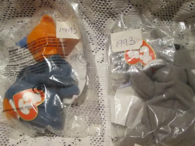 TY Beanie Babies 'Twigs' & 'Scoop'. 1993. McDonalds Happy Meal Toys New/Sealed.