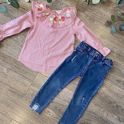 RIVER ISLAND MINI girls floral frill top & skinny jeans outfit age 2-3