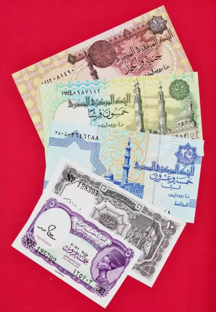 Set of 5 Egyptian UNC Notes: 5/1982, 10/19860, 25, 50 Piastres, & One Pound 2007