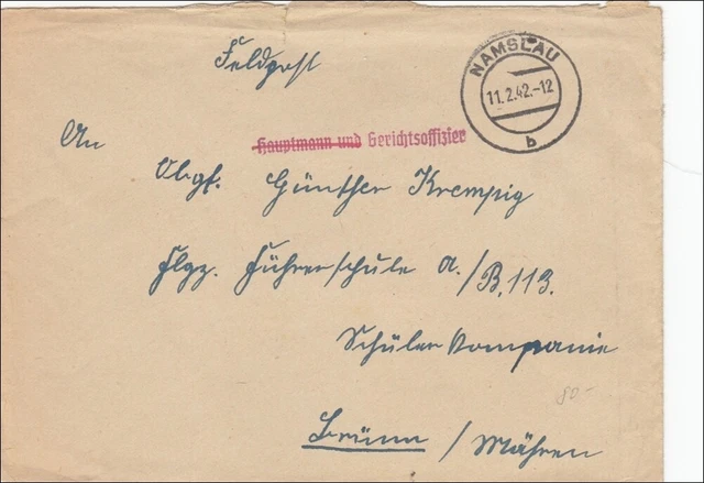 Feldpost II. Weltkrieg:  Gerichtsoffizier 1942 aus Namslau nach Brünn