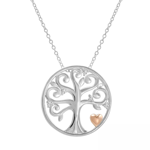 Simulated Diamond Tree of Life with Gold Plated Heart Pendant in Sterling Silver