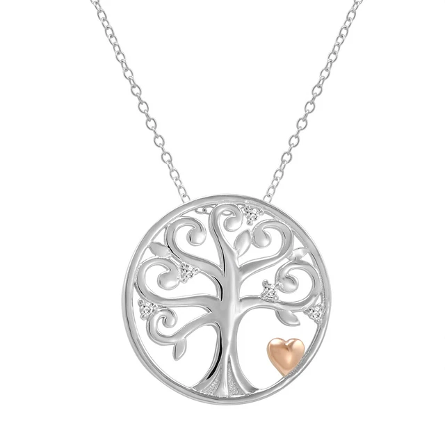 Simulated Diamond Tree of Life with Gold Plated Heart Pendant in Sterling Silver