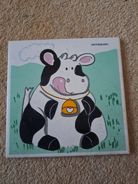 Vintage Switzerland Souvenir Tile Trivet/Hot/Wall Plate Cow Design 7" X 7"