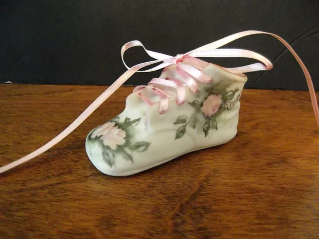 BABY BOOTIE/SHOE ~ PORCELAIN ~ PINK  HAND PAINTED FLOWERS-Artist Signed