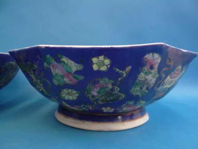 Old Signed Blue China Chinese Porcelain Decorative Display Bowls Pair 2