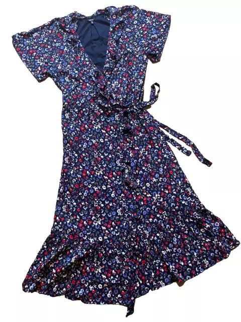NWT Buffalo David Bitton Shauna Navy Floral Print Short Sleeve Wrap Midi Dress S
