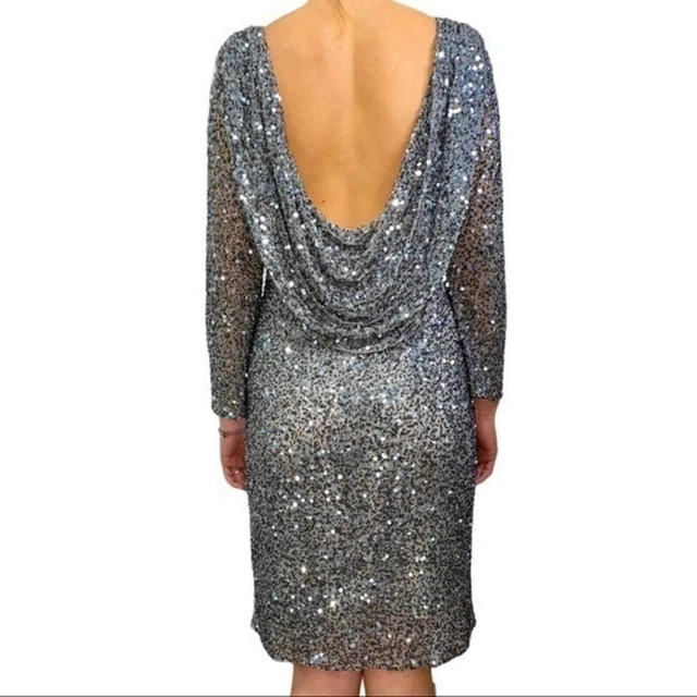 Pisarro Nights Size 8 Silver Sequin Drip Open Back Mini Dress