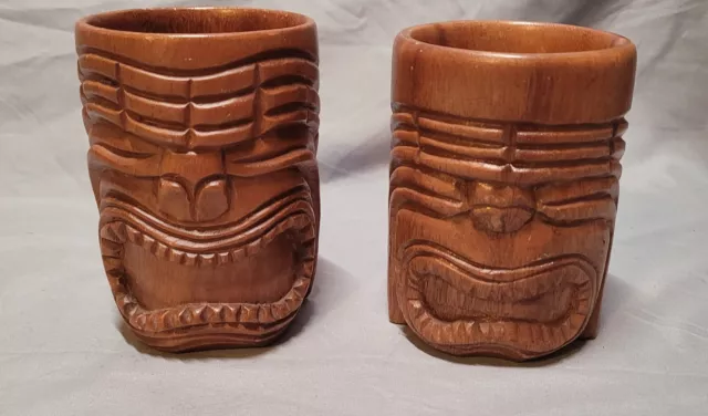 Hand Carved Vintage Monkey Pod Wood Tiki Mug [Set Of 2] Hawaiian Cocktails