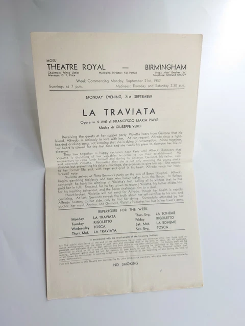 Theatre Royal Birmingham 1953 La Traviata Flyer  Guido Pasella Orazio Gualtieri