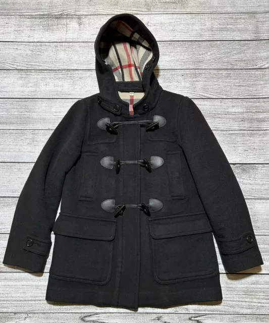 Burberry Brit Black Toggle Utility Duffle Coat Womens SZ 4 Hooded Wool