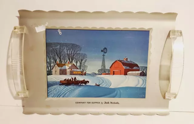 Vintage Dale Nichols Company For Supper Winter Scene Tin Tray Acrylic Handles Vintage Dale Nichols Company For Supper Winter Scene Tin Tray Acrylic Handles