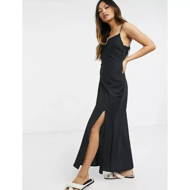 Asos Black Linen Cami Sleeveless Side Slit Maxi Dress Size XS NEW