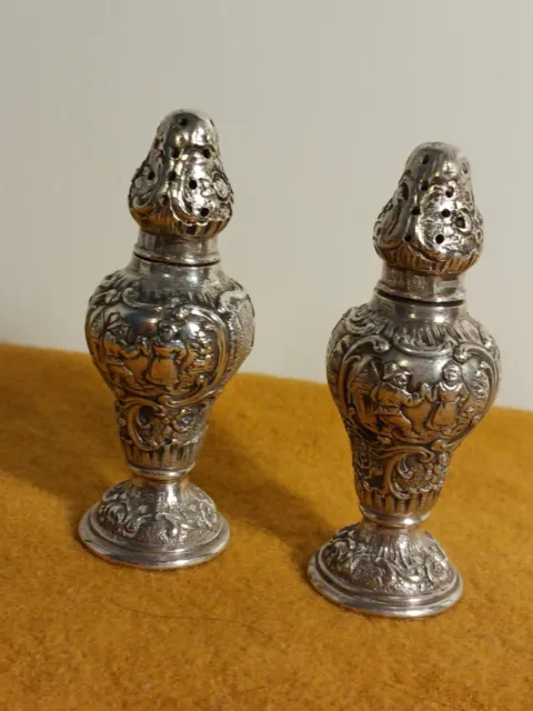 Antique STERLING SILVER Germany Rococo Salt and Pepper Shakers, marked