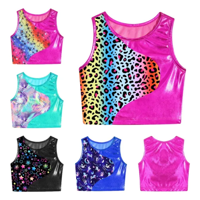 Girls Crop Top Vest Sleeveless Dance Camo Neon Belly Shirt kids Tee 5-14  Years