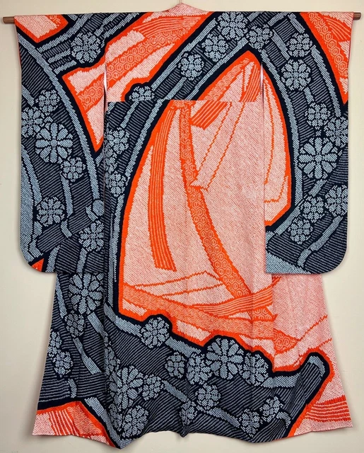 Vintage Rinzu Silk Shibori Furisode Kimono - Blue Orange White - Scroll / Noshi