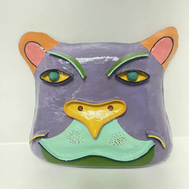 Gina Truex Purple Paper Mache Cat Lion Mask wall decor Thailand signed handmade