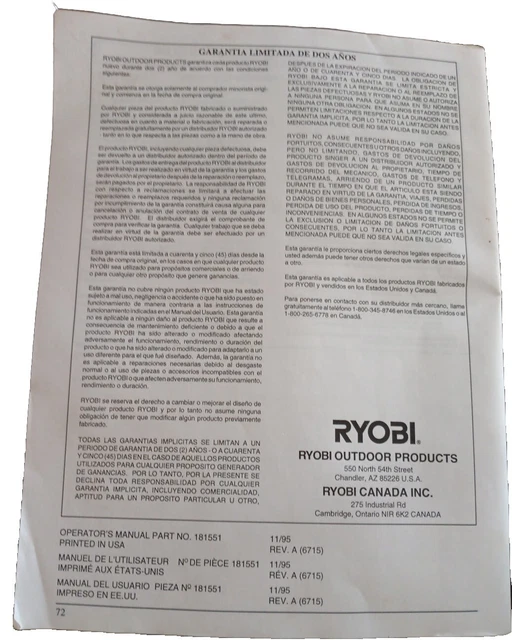 RYOBI 780R 790R Gas Trimmer Operator's Manual and Parts Diagram 15.00
