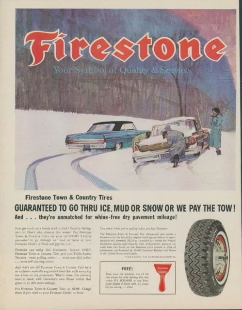 1963 Firestone Tires Town Country Car Stuck Snow Ice Scraper Vtg Print Ad LO8