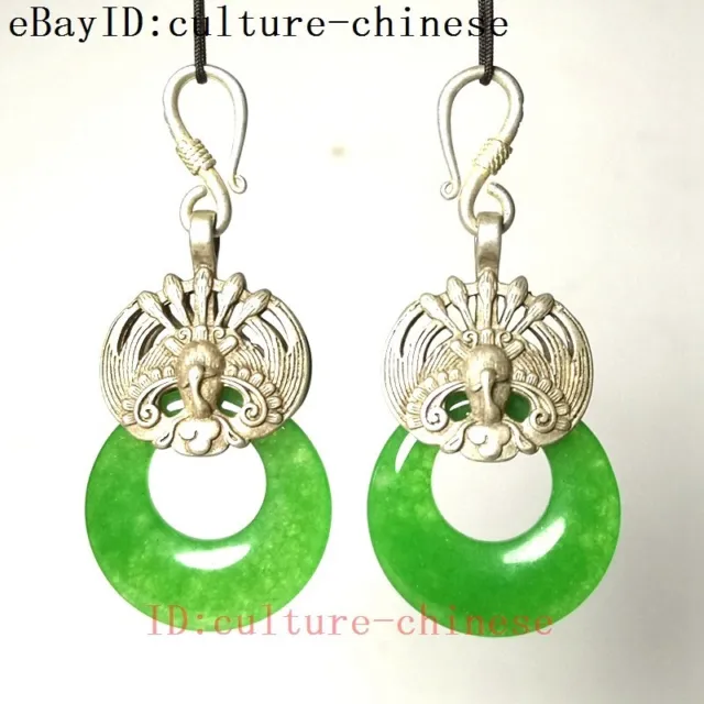 Wonderful Collection China Tibet Silver Jadeite Jade Inlay Carving Bat Earrings
