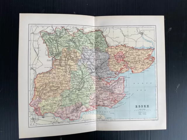 1894 Vintage antique County Map of Essex by FS Weller in colour